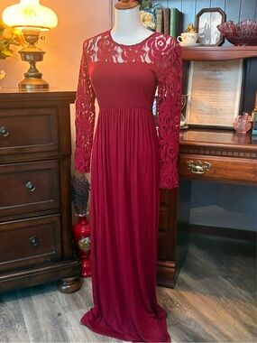 Pinkblush Burgundy Lace-Sleeve Maxi Dress
